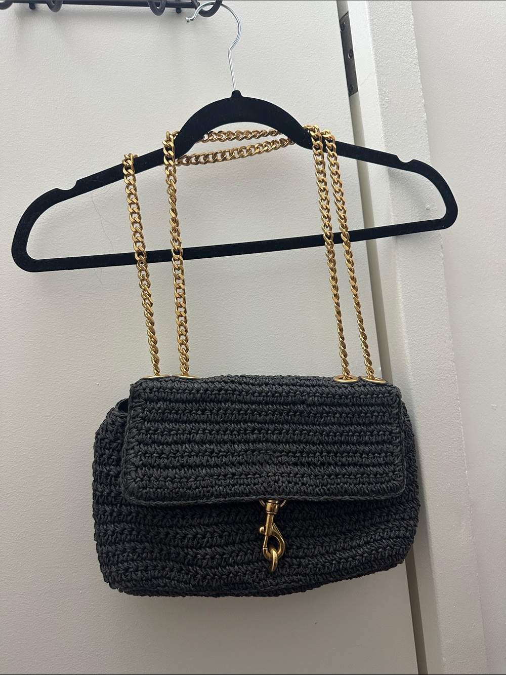 Rebecca minkoff Black raffia Shoulder Bag with Gold Chain